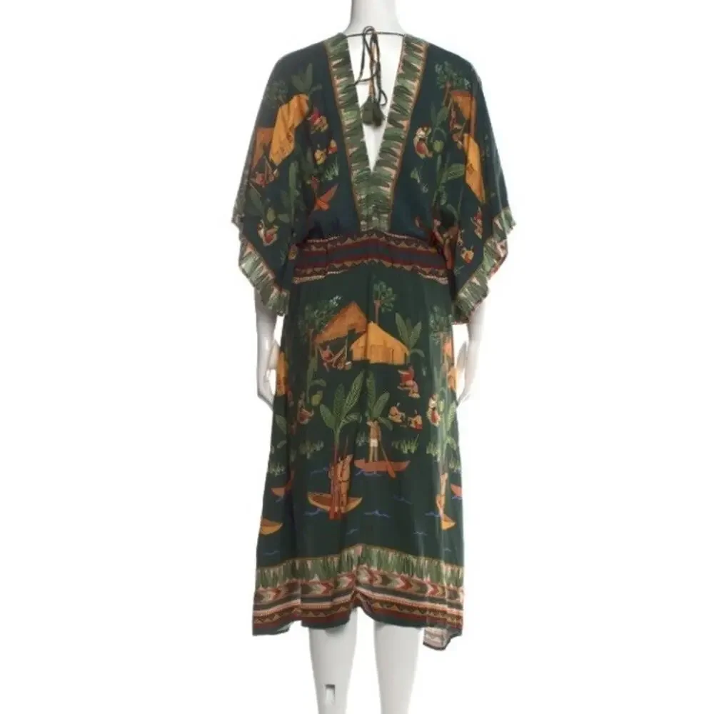 Farm‎ Rio Womens Dress Green Medium Yawanawa Indigenous Hut Print Rare Viscose - Picture 15 of 15